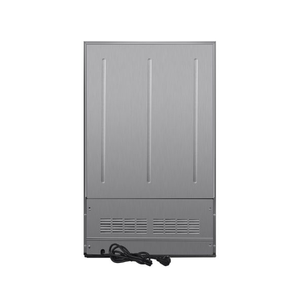 Back view of a stainless steel refrigerator showcasing its sleek design, venting system, and power cord.