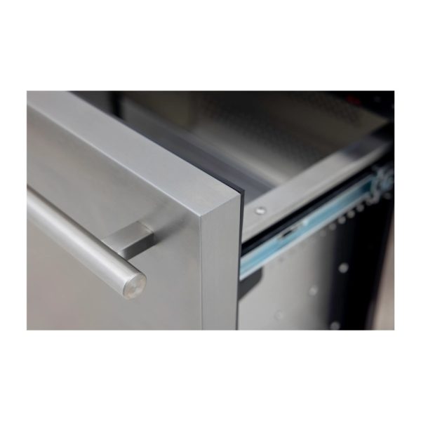 Close-up of a stainless steel drawer handle, showcasing a sleek design and smooth finish, with the drawer slightly open.