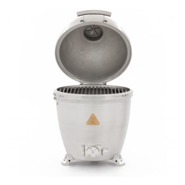 Stainless steel portable grill with a domed lid and adjustable air vent, featuring a grill grate inside and a brass plaque on the front.