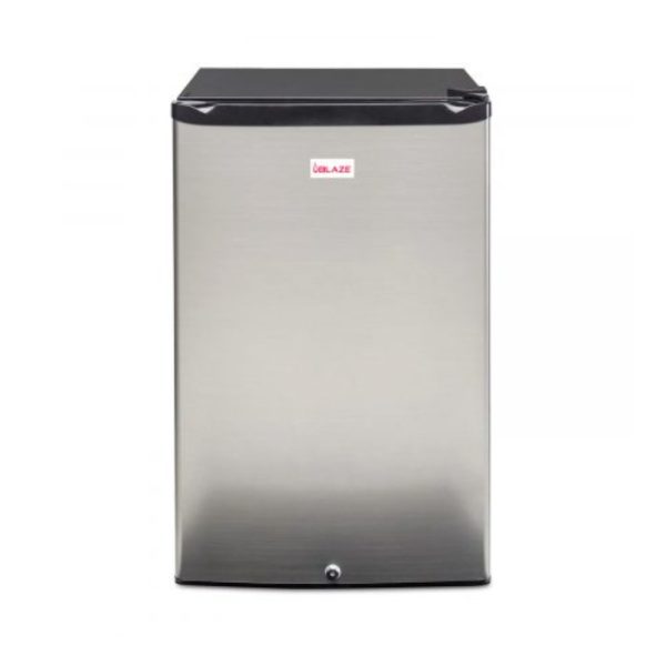 Compact stainless steel refrigerator with a sleek design and a black top, ideal for small spaces and outdoor use.