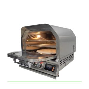 Stainless steel pizza oven with a glass door, featuring multiple cooking levels and digital controls.