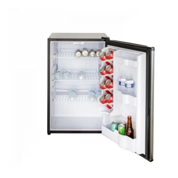 Compact refrigerator with open door showing organized shelves filled with water bottles and soda cans.