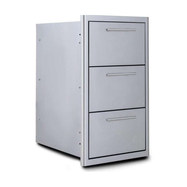 Three-drawer metal filing cabinet in a sleek silver finish, designed for office organization and storage.