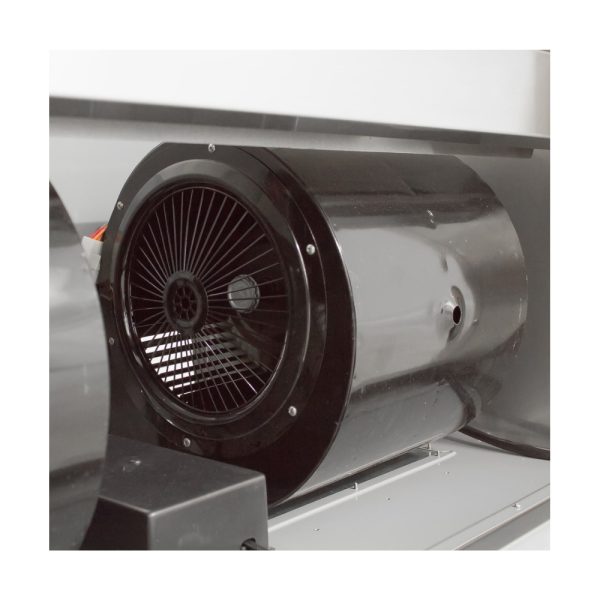 Close-up of a black industrial ventilation fan with a circular grill, showcasing its motor and housing.