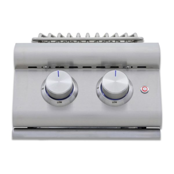 Stainless steel gas grill control panel featuring two knobs for heat adjustment and an indicator light.