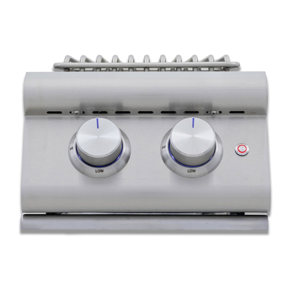 Stainless steel gas grill control panel featuring two knobs for heat adjustment and an indicator light.