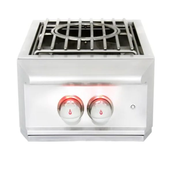 Stainless steel countertop gas burner with two control knobs and illuminated indicators.