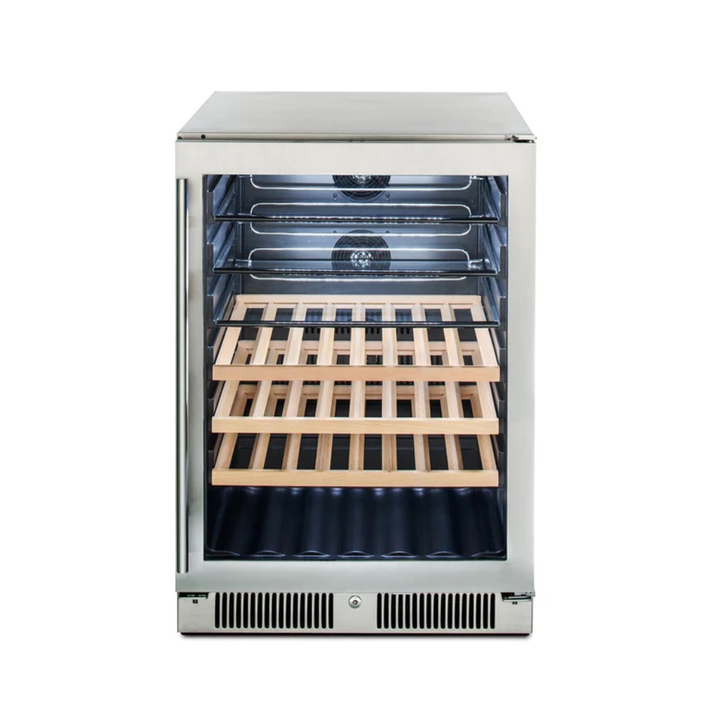 6df0a399-39c4-484e-99e0-b76adb169510.jpg Wine cooler with stainless steel exterior and wooden shelves, featuring interior LED lighting and ventilation fans for optimal cooling.