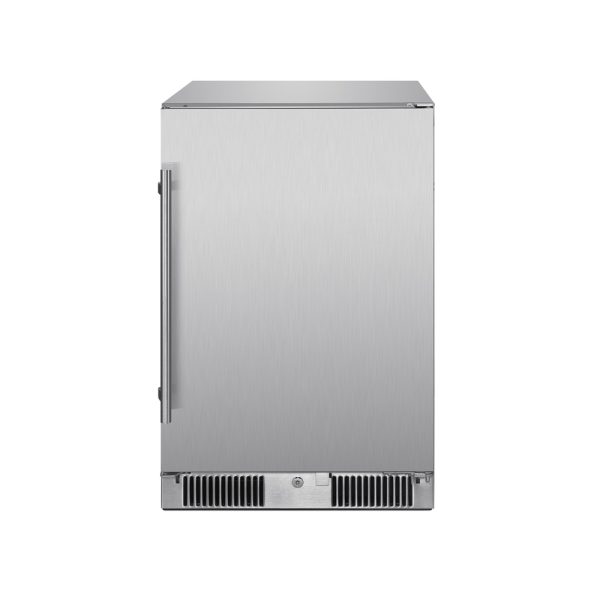 Stainless steel outdoor refrigerator with a sleek design and side handle, ideal for outdoor kitchens and entertaining spaces.