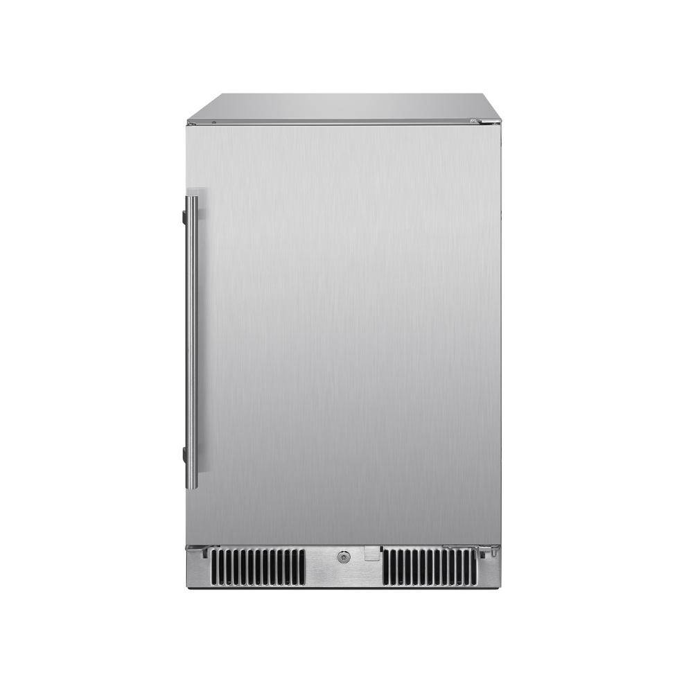 Stainless steel outdoor refrigerator with a sleek design and side handle, ideal for outdoor kitchens and entertaining spaces.