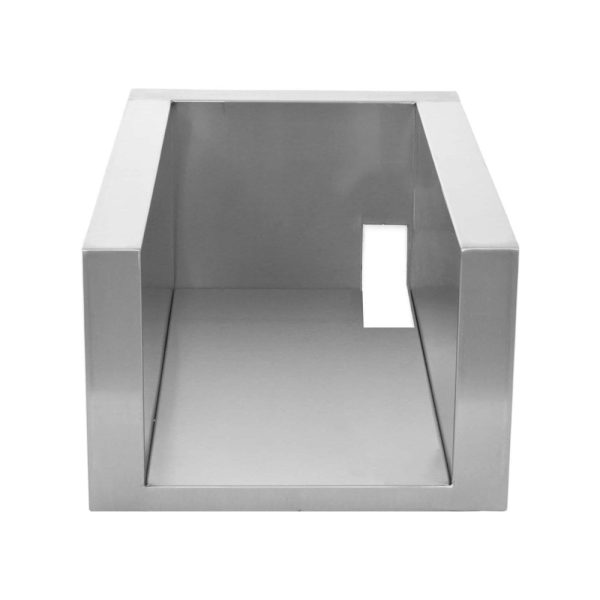 Metal storage box with a sleek design and an open front, ideal for organizing items.