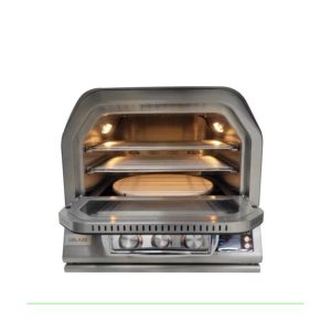 Stainless steel outdoor pizza oven with open door and interior lighting, showcasing a cooking surface and adjustable temperature controls.