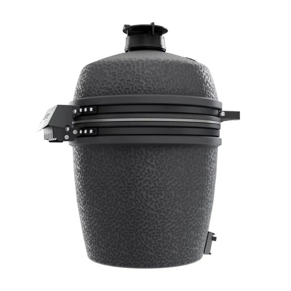 Black ceramic kamado grill with a textured surface and metal bands for secure closure, designed for versatile cooking methods.