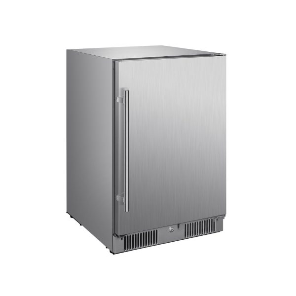 Stainless steel outdoor refrigerator with a sleek design and a single door. Ideal for outdoor kitchens and entertaining spaces.