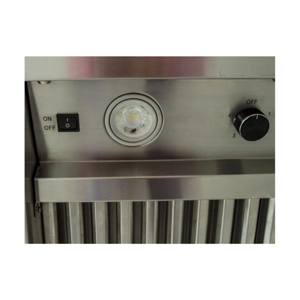 Control panel of a stainless steel kitchen appliance featuring an on/off switch, a light indicator, and a dial for adjusting settings.