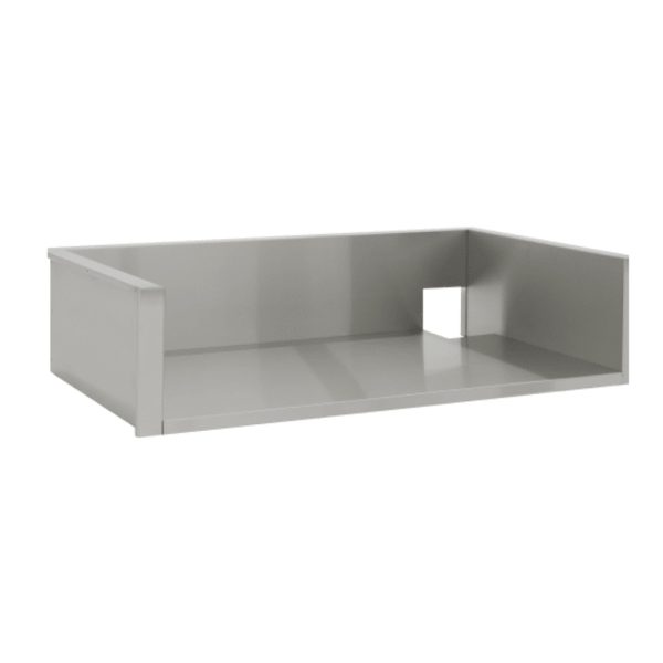 Metal storage container with open front and side, designed for organization and accessibility.