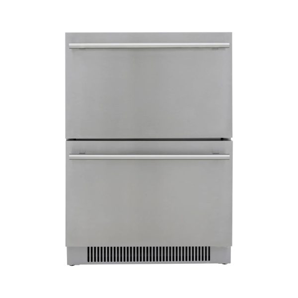 Stainless steel refrigerator with two bottom drawers and sleek handles, designed for modern kitchens.