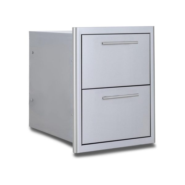 Silver two-drawer filing cabinet with modern design and sleek handles, ideal for office organization.