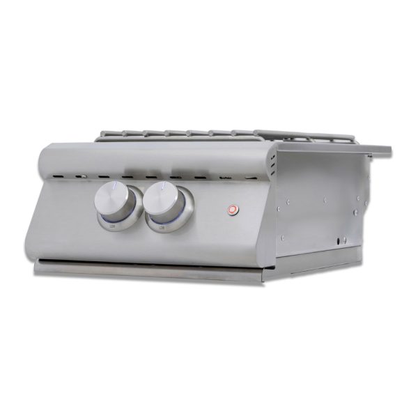 Stainless steel built-in gas grill with two control knobs and an ignition button, designed for outdoor cooking.