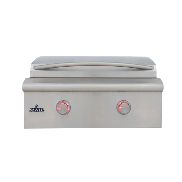 Stainless steel outdoor grill with two control knobs and illuminated indicators, designed for efficient cooking and durability.