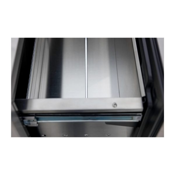 Close-up view of a stainless steel oven drawer showcasing a sleek, modern design with clean lines and a polished finish.