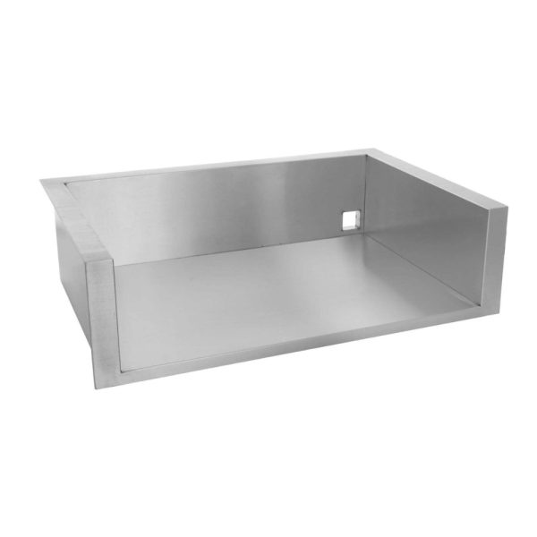 Stainless steel sink with a modern design, featuring a rectangular shape and a cutout for plumbing access. Ideal for kitchen or utility use.