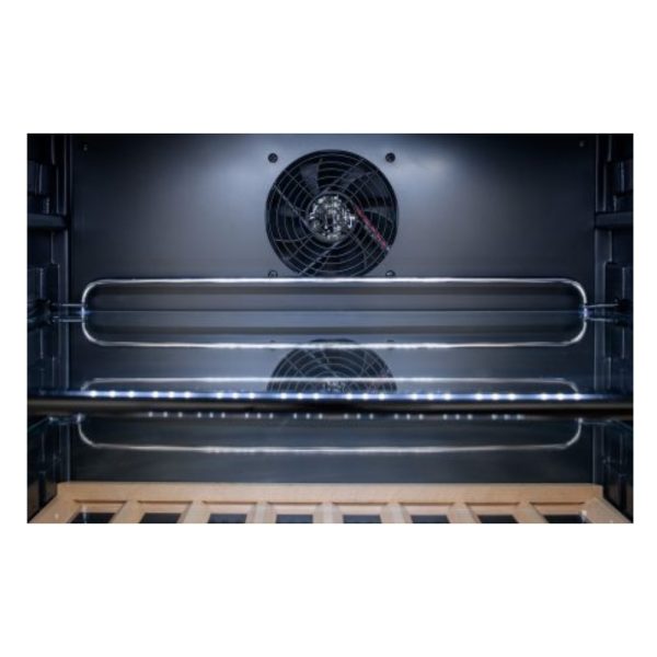 Interior view of a modern oven featuring a fan, illuminated cooking space, and a wooden rack.