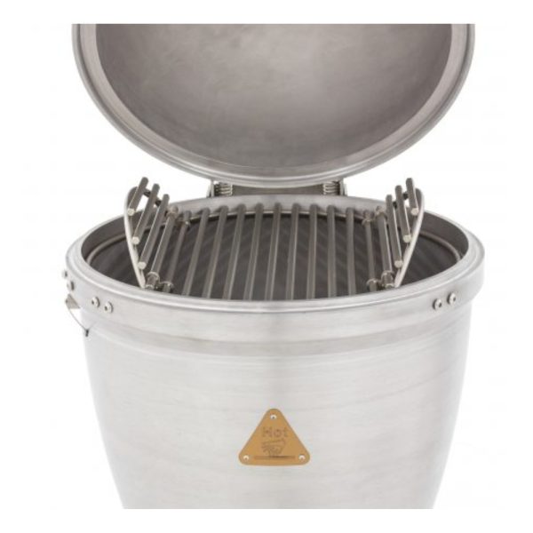 Stainless steel outdoor grill with an opened lid, featuring a removable cooking grate inside.