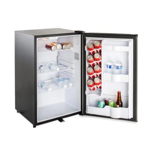 Compact refrigerator with drinks, featuring shelves for bottles and cans, designed for efficient storage and organization.