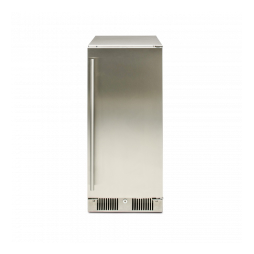 Stainless steel upright freezer with a sleek design, featuring a single door and ventilation at the bottom.