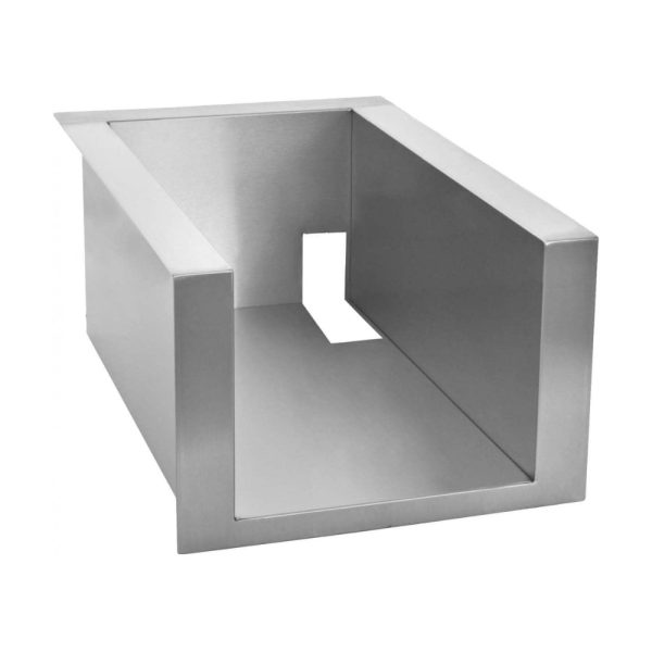 Stainless steel kitchen utensil holder with a rectangular design and an open front for easy access.