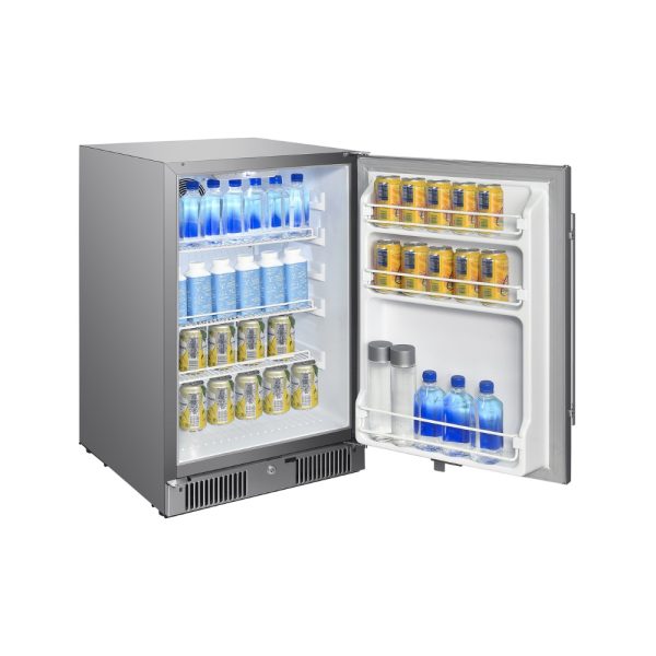 Compact refrigerator with a mix of beverages, including bottled water, energy drinks, and soda, organized on adjustable shelves.