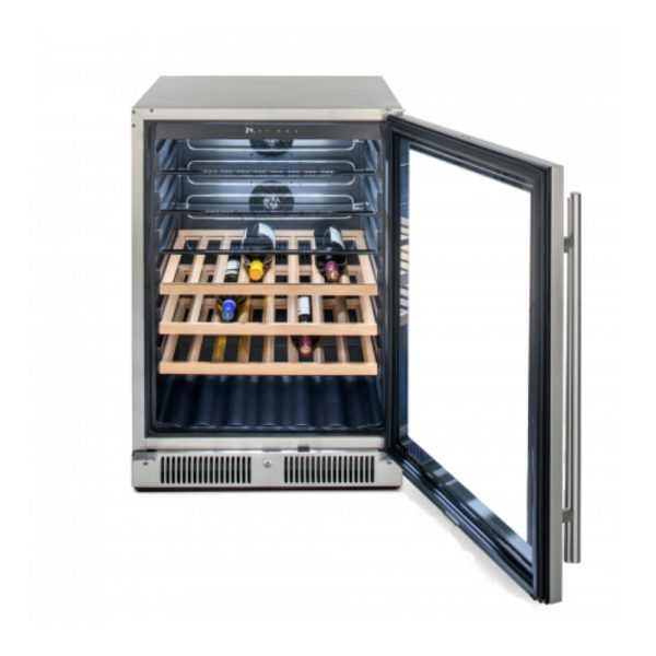 Wine cooler with wooden shelves, showcasing various bottles of wine, featuring a stainless steel exterior and glass door.