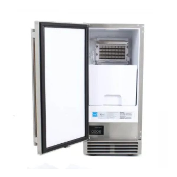 Stainless steel ice maker with an open door, showcasing the ice storage compartment and ice production mechanism.