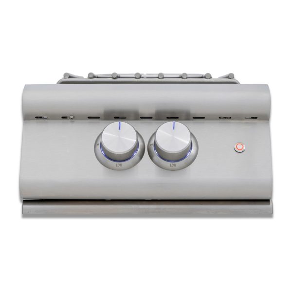 Stainless steel control panel with two knobs for temperature adjustment, featuring low and high settings, and an illuminated power button.