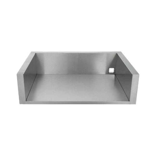 Stainless steel kitchen sink with a modern design and a rectangular shape, featuring a small drainage opening.