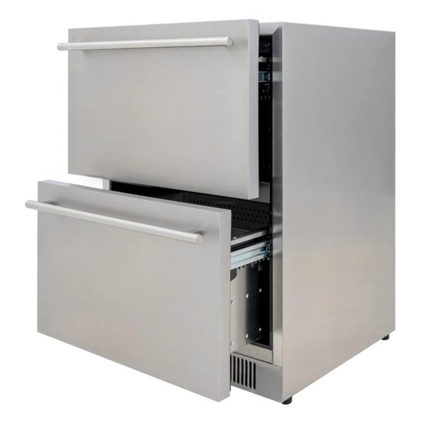 Stainless steel outdoor kitchen refrigerator with two drawers, designed for easy access and storage.