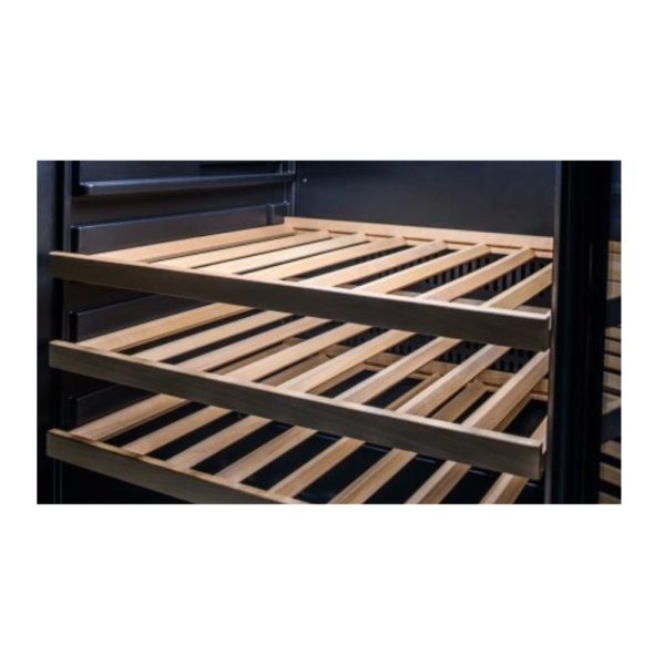 Wooden shelves inside a wine cooler, designed for optimal storage and organization of bottles.