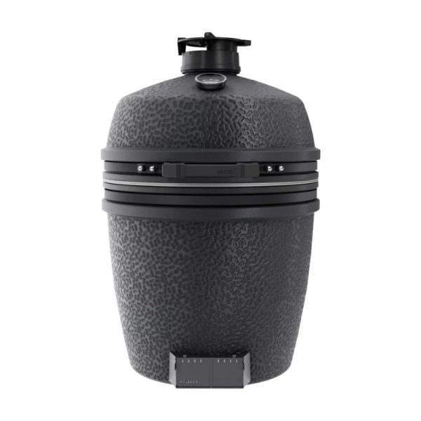 Black ceramic grill with a textured surface and adjustable air vent, designed for outdoor cooking and smoking.