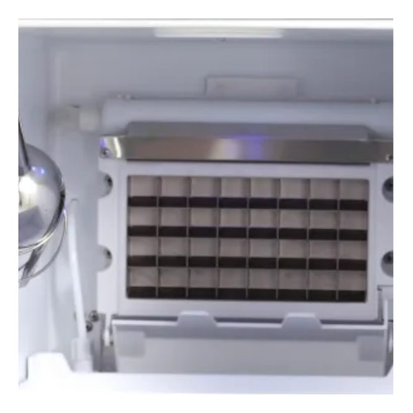 Interior view of an ice maker showing the ice tray with multiple compartments for ice cubes and a metal handle for easy removal.
