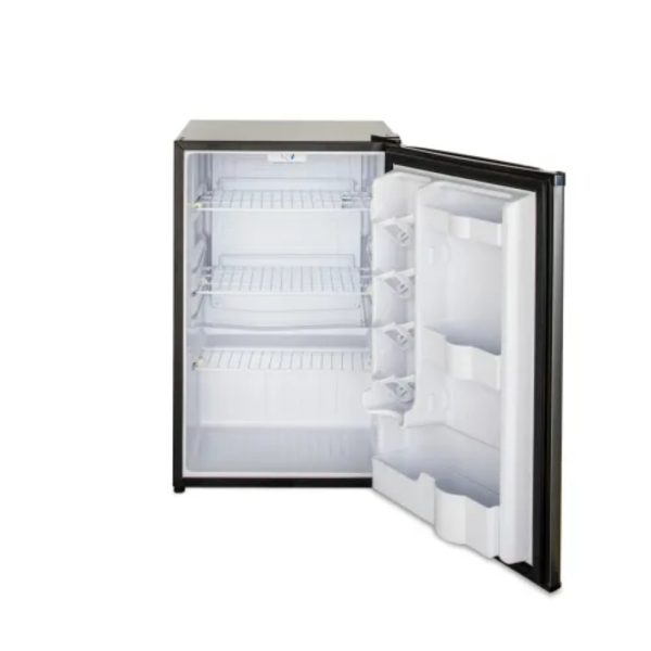 Compact refrigerator with an open door, showcasing empty shelves and storage compartments for efficient organization.