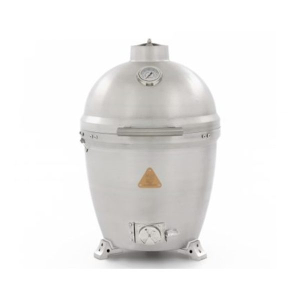 Stainless steel smoker with a dome shape, featuring a temperature gauge and adjustable air vent for precise cooking control.