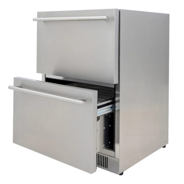 Stainless steel outdoor kitchen drawer refrigerator with two pull-out drawers, designed for efficient food storage.