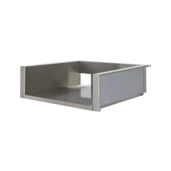 Stainless steel outdoor kitchen island frame with an open back and side panel for ventilation.