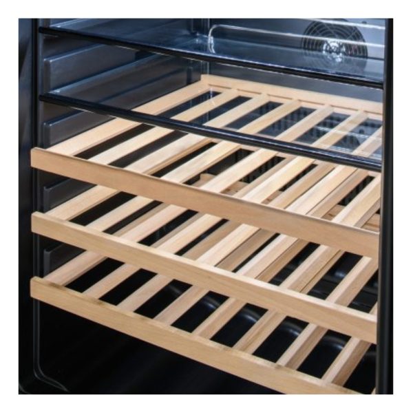 Interior view of a wine cooler featuring wooden slatted shelves for optimal wine storage and airflow.