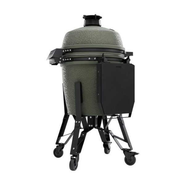 Green ceramic grill on a black mobile cart, featuring adjustable vents and a sturdy base for outdoor cooking.