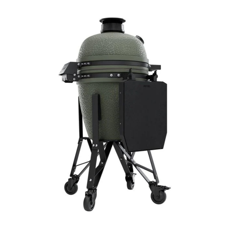 09ebe0d3-5736-4e04-94cb-46d09d5c6f9c.jpg Ceramic charcoal grill with a textured green exterior, mounted on a sturdy black wheeled cart for easy mobility and storage.