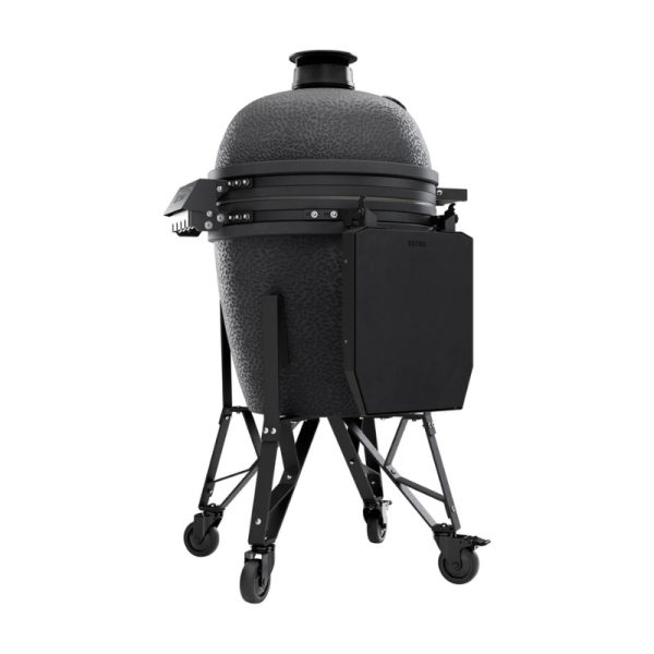 Black ceramic kamado grill on a wheeled stand, designed for versatile outdoor cooking and grilling.