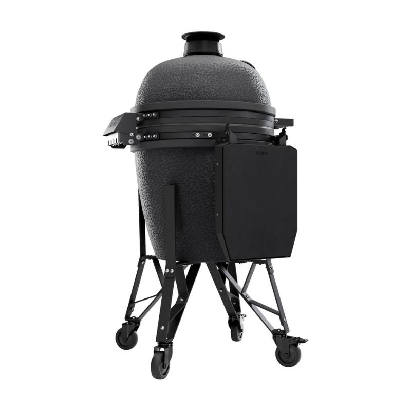 0ac9338d-041f-4a18-930b-11de3698c191.jpg Black ceramic kamado grill on a wheeled stand, designed for versatile outdoor cooking and grilling.