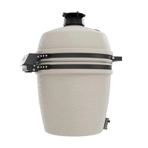 Ceramic grill with a textured beige exterior and a black metal hinge, designed for grilling and smoking food.